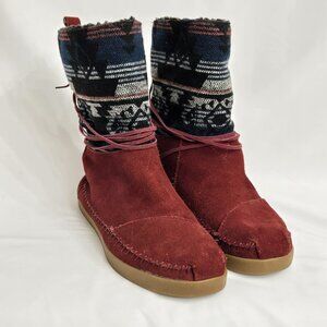 Toms Burgundy Multi Moccasin Winter Suede Lace Mid Boots Shoes Women's Size 8.5